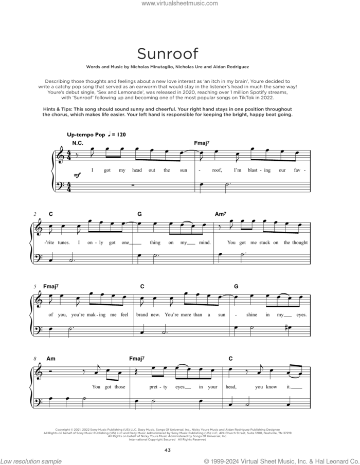 Sunroof, (beginner) sheet music for piano solo by Nicky Youre & dazy, Aidan Rodriguez, Nicholas Minutaglio and Nicholas Ure, beginner skill level