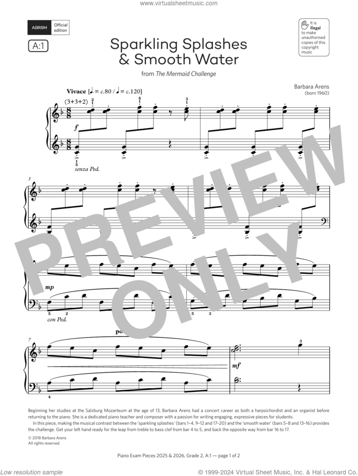 Sparkling Splashes and Smooth Water (Grade 2, list A1, from the ABRSM Piano Syllabus 2025 and 2026) sheet music for piano solo by Barbara Arens, classical score, intermediate skill level