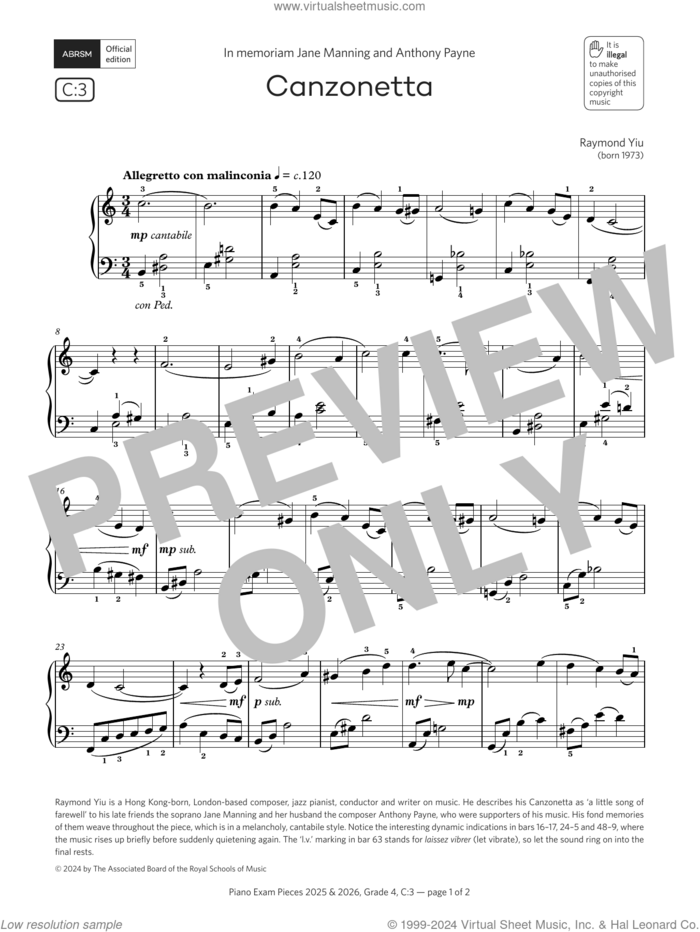 Canzonetta (Grade 4, list C3, from the ABRSM Piano Syllabus 2025 and 2026) sheet music for piano solo by Raymond Yiu, classical score, intermediate skill level