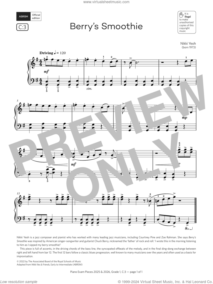 Berry's Smoothie (Grade 1, list C3, from the ABRSM Piano Syllabus 2025 and 2026) sheet music for piano solo by Nikki Yeoh, classical score, intermediate skill level