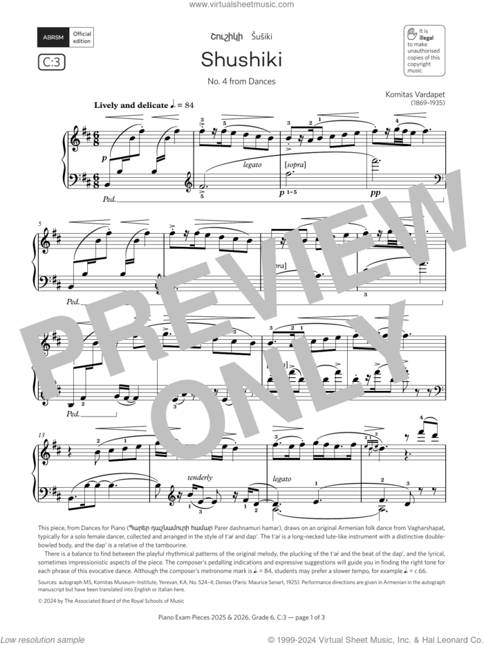 Shushiki (Grade 6, list C3, from the ABRSM Piano Syllabus 2025 and 2026) sheet music for piano solo by Komitas Vardapet, classical score, intermediate skill level