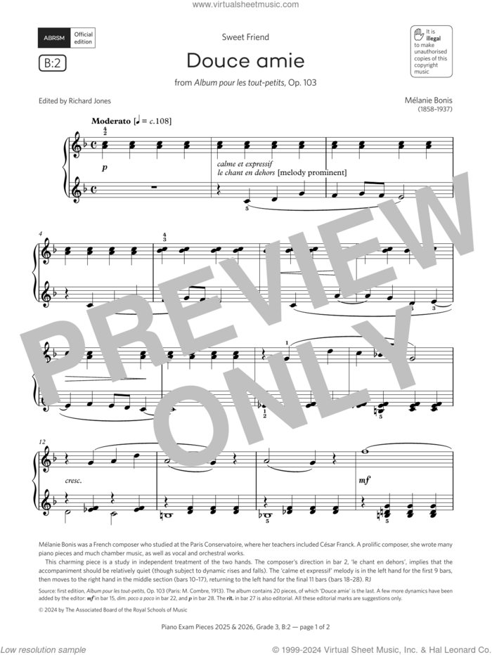Douce amie (Grade 3, list B2, from the ABRSM Piano Syllabus 2025 and 2026) sheet music for piano solo by Mélanie Bonis, classical score, intermediate skill level