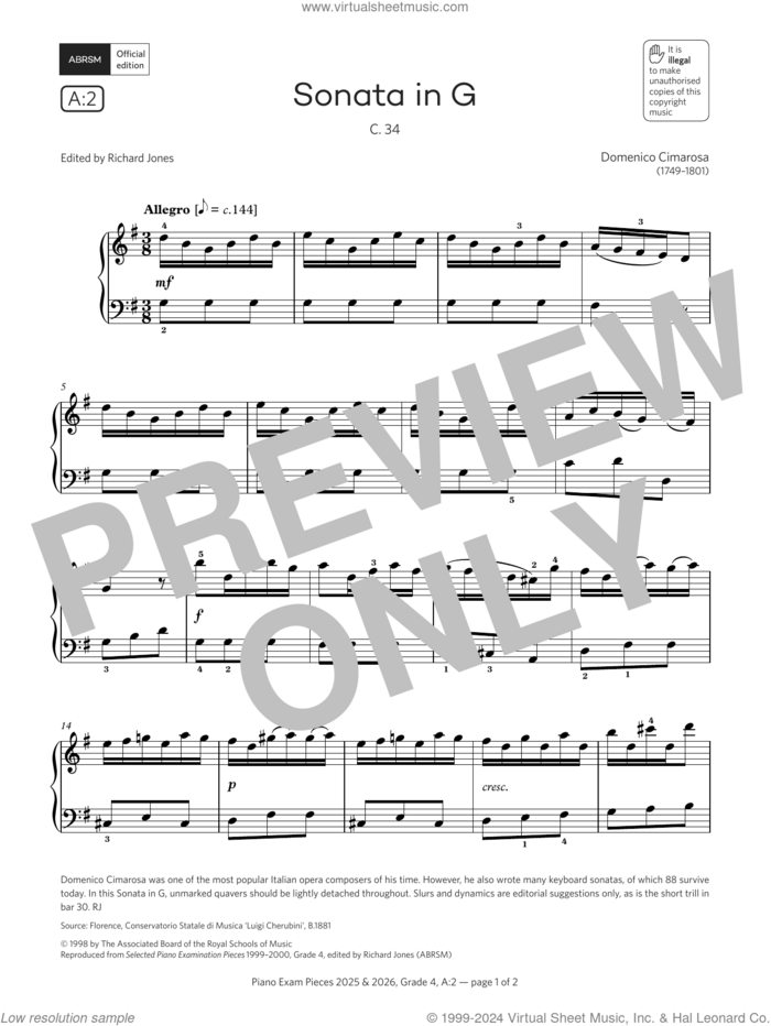 Sonata in G (Grade 4, list A2, from the ABRSM Piano Syllabus 2025 and 2026) sheet music for piano solo by Domenico Cimarosa, classical score, intermediate skill level