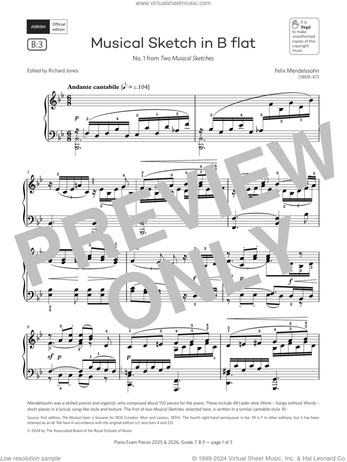 Musical Sketch in B flat (Grade 7, list B3, from the ABRSM Piano Syllabus 2025 and 2026) sheet music for piano solo by Felix Mendelssohn-Bartholdy, classical score, intermediate skill level