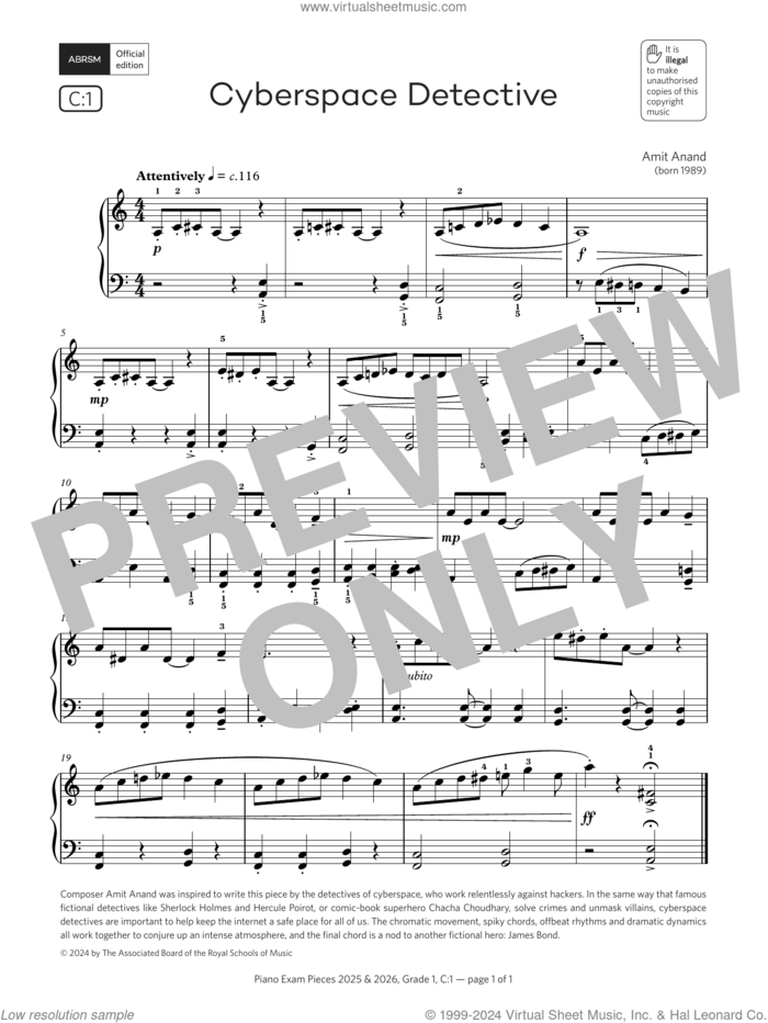 Cyberspace Detective (Grade 1, list C1, from the ABRSM Piano Syllabus 2025 and 2026) sheet music for piano solo by Amit Anand, classical score, intermediate skill level