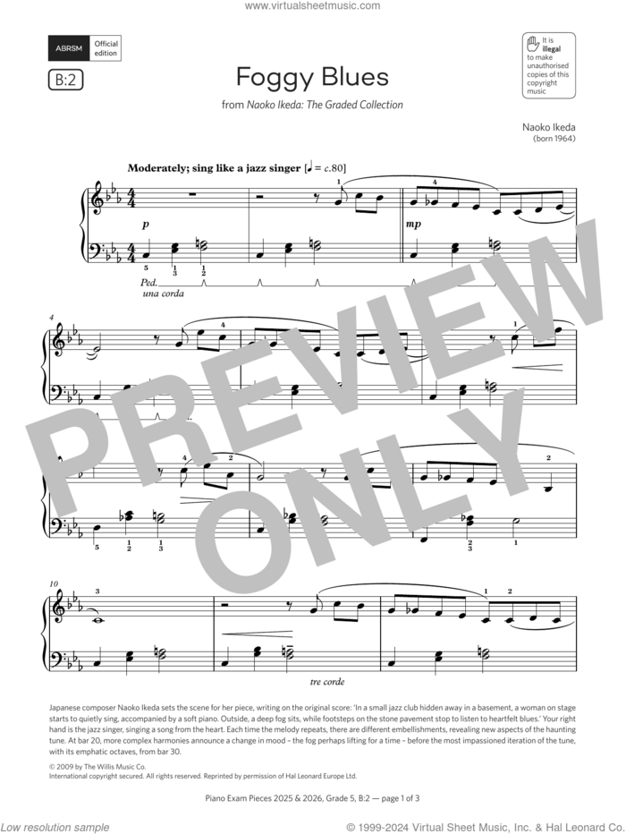 Foggy Blues (Grade 5, list B2, from the ABRSM Piano Syllabus 2025 and 2026) sheet music for piano solo by Naoko Ikeda, intermediate skill level