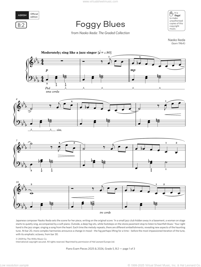 Foggy Blues (Grade 5, list B2, from the ABRSM Piano Syllabus 2025 and 2026) sheet music for piano solo by Naoko Ikeda, intermediate skill level