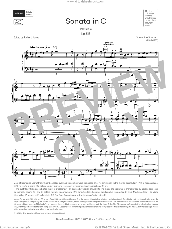 Sonata in C (Grade 8, list A3, from the ABRSM Piano Syllabus 2025 and 2026) sheet music for piano solo by Domenico Scarlatti, classical score, intermediate skill level