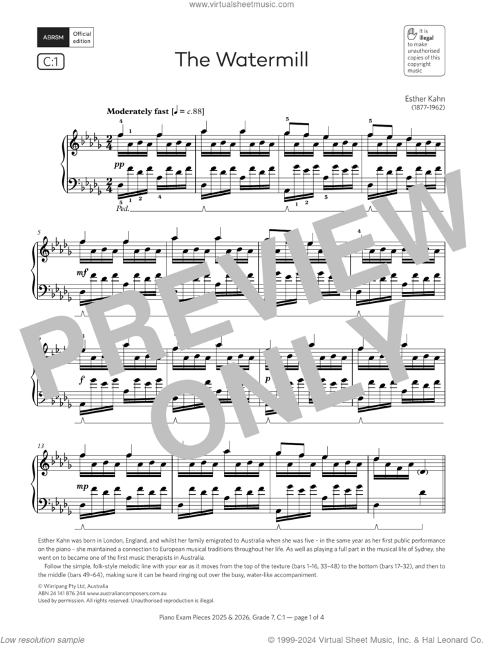 The Watermill (Grade 7, list C1, from the ABRSM Piano Syllabus 2025 and 2026) sheet music for piano solo by Esther Kahn, classical score, intermediate skill level