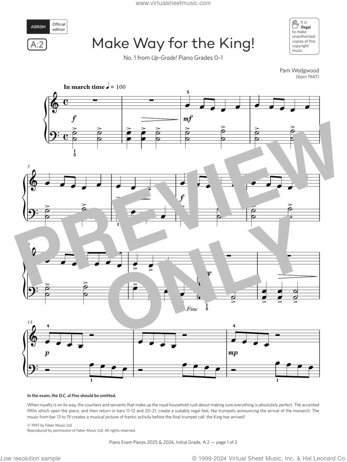 Make Way for the King! (Grade Initial, list A2, from the ABRSM Piano Syllabus 2025 and 2026) sheet music for piano solo by Pam Wedgwood, classical score, intermediate skill level