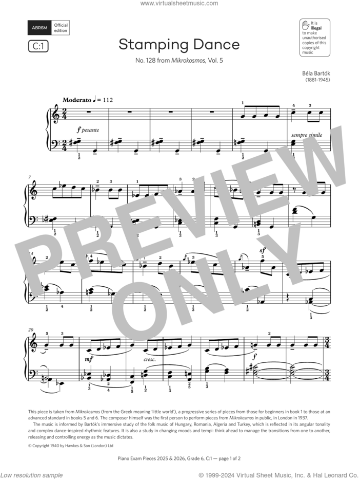 Stamping Dance (Grade 6, list C1, from the ABRSM Piano Syllabus 2025 and 2026) sheet music for piano solo by Béla Bartók, classical score, intermediate skill level