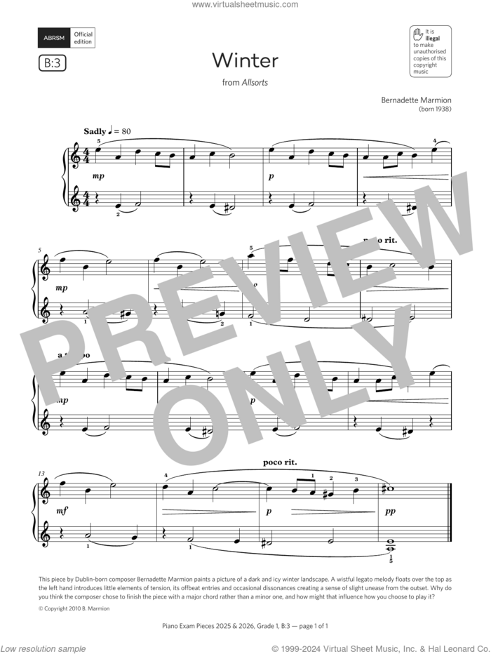 Winter (Grade 1, list B3, from the ABRSM Piano Syllabus 2025 and 2026) sheet music for piano solo by Bernadette Marmion, classical score, intermediate skill level