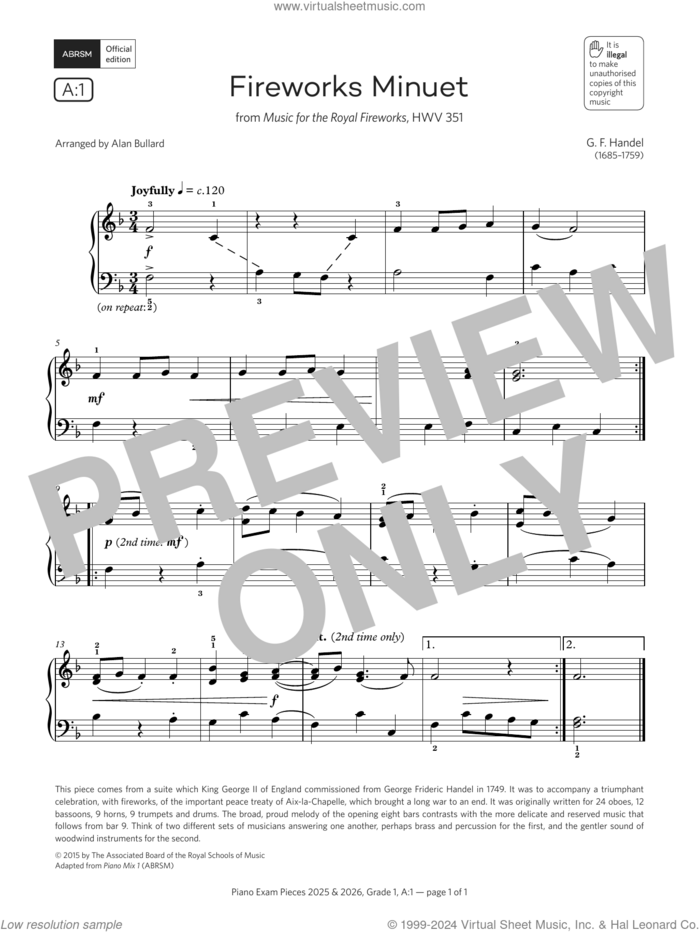 Fireworks Minuet (Grade 1, list A1, from the ABRSM Piano Syllabus 2025 and 2026) sheet music for piano solo by George Frideric Handel and Alan Bullard, classical score, intermediate skill level