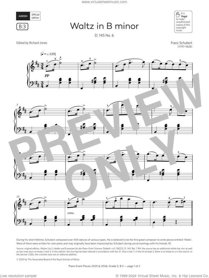 Waltz in B minor (Grade 5, list B3, from the ABRSM Piano Syllabus 2025 and 2026) sheet music for piano solo by Franz Schubert, classical score, intermediate skill level