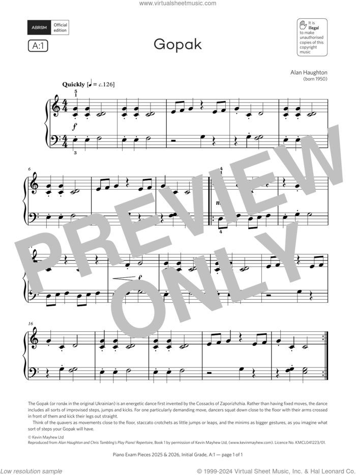 Gopak (Grade Initial, list A1, from the ABRSM Piano Syllabus 2025 and 2026) sheet music for piano solo by Alan Haughton, classical score, intermediate skill level