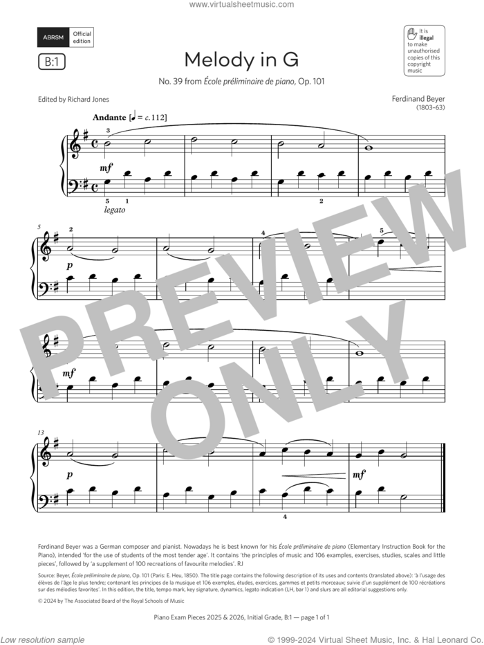 Melody in G (Grade Initial, list B1, from the ABRSM Piano Syllabus 2025 and 2026) sheet music for piano solo by Ferdinand Beyer, classical score, intermediate skill level
