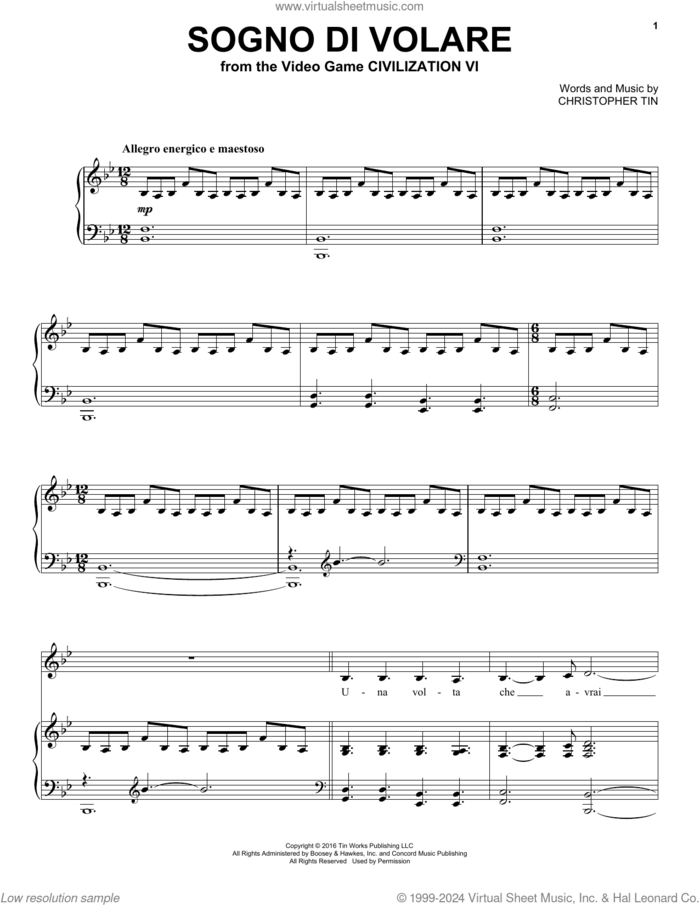 Sogno Di Volare (from Civilization VI) sheet music for voice and piano by Christopher Tin, intermediate skill level