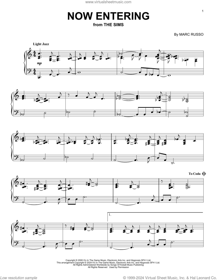 Now Entering (from The Sims) sheet music for piano solo by Marc Russo, intermediate skill level