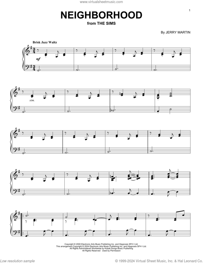 Neighborhood (from The Sims) sheet music for piano solo by Jerry Martin, intermediate skill level