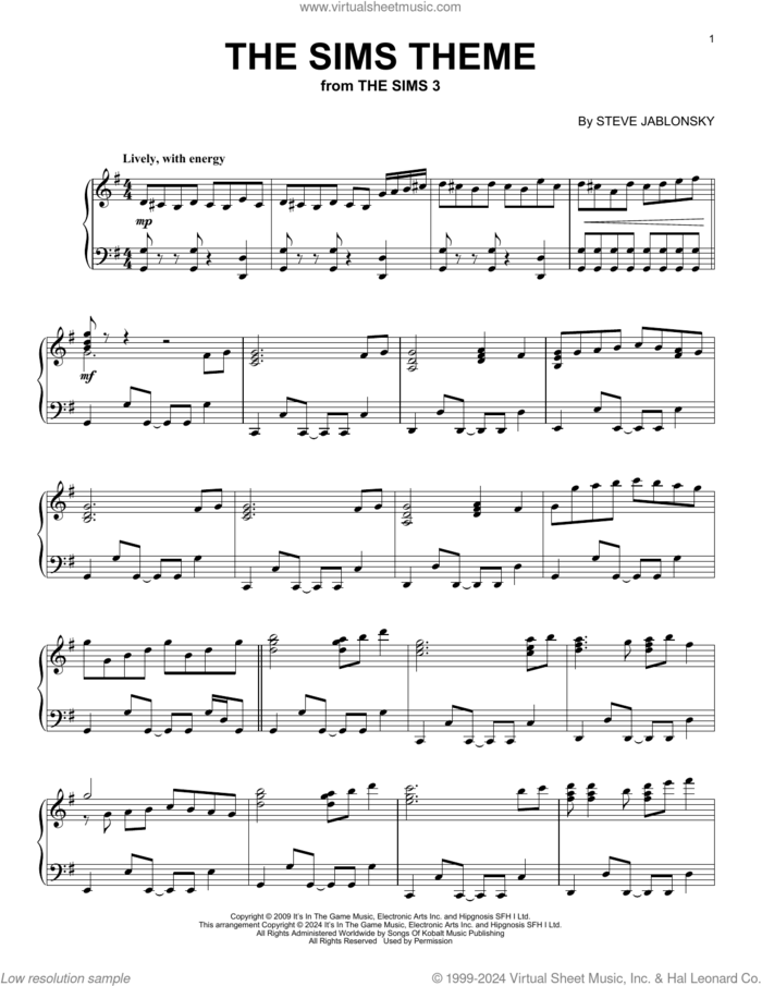 The Sims Theme (from The Sims 3) sheet music for piano solo by Steve Jablonsky, intermediate skill level