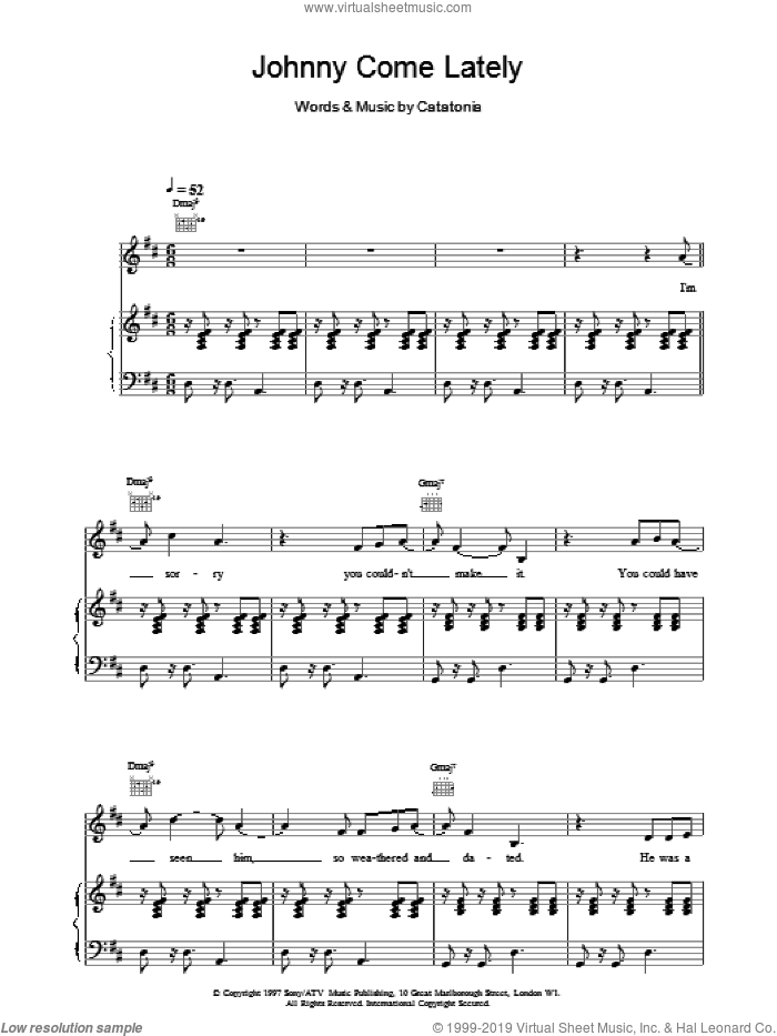 Johnny Come Lately sheet music for voice, piano or guitar by Catatonia, intermediate skill level