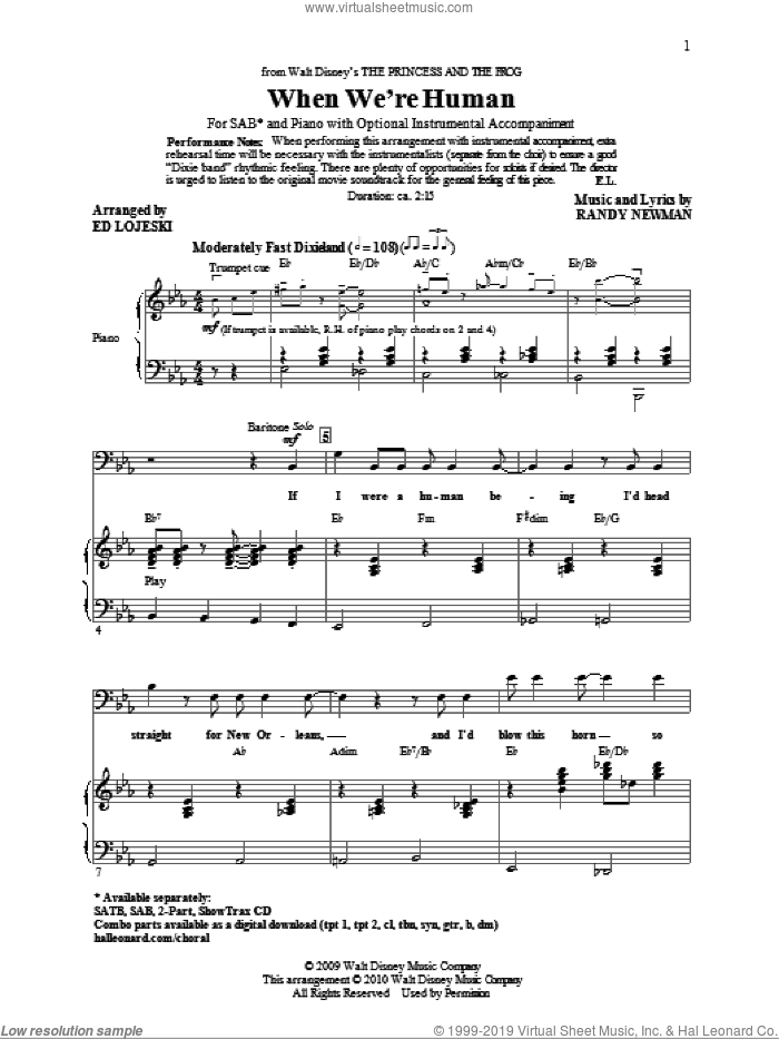 When We're Human (from The Princess And The Frog) sheet music for choir (SAB: soprano, alto, bass) by Randy Newman and Ed Lojeski, intermediate skill level