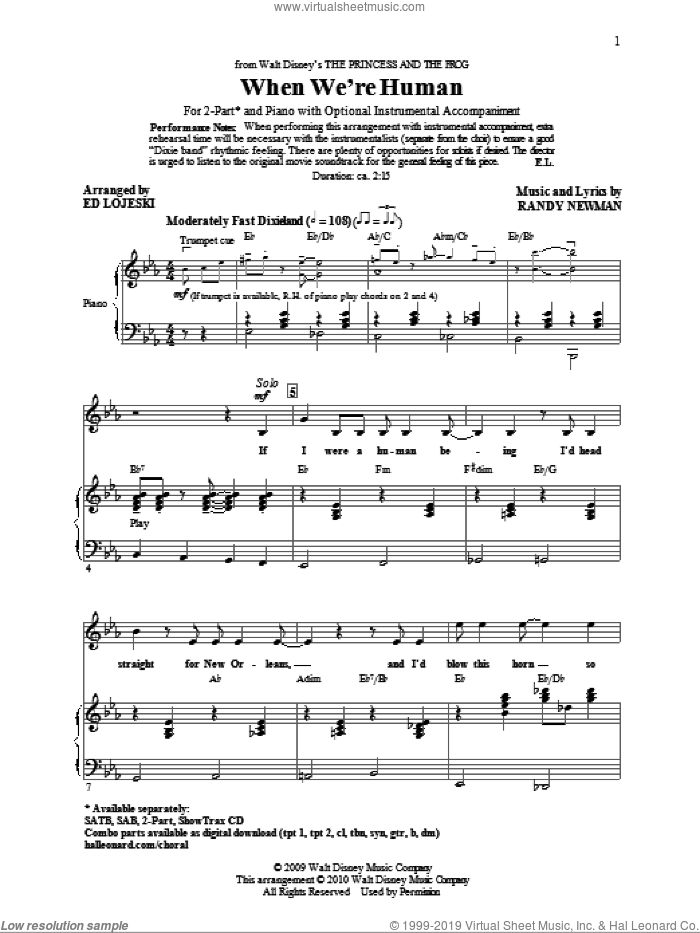 When We're Human (from The Princess And The Frog) sheet music for choir (2-Part) by Randy Newman and Ed Lojeski, intermediate duet