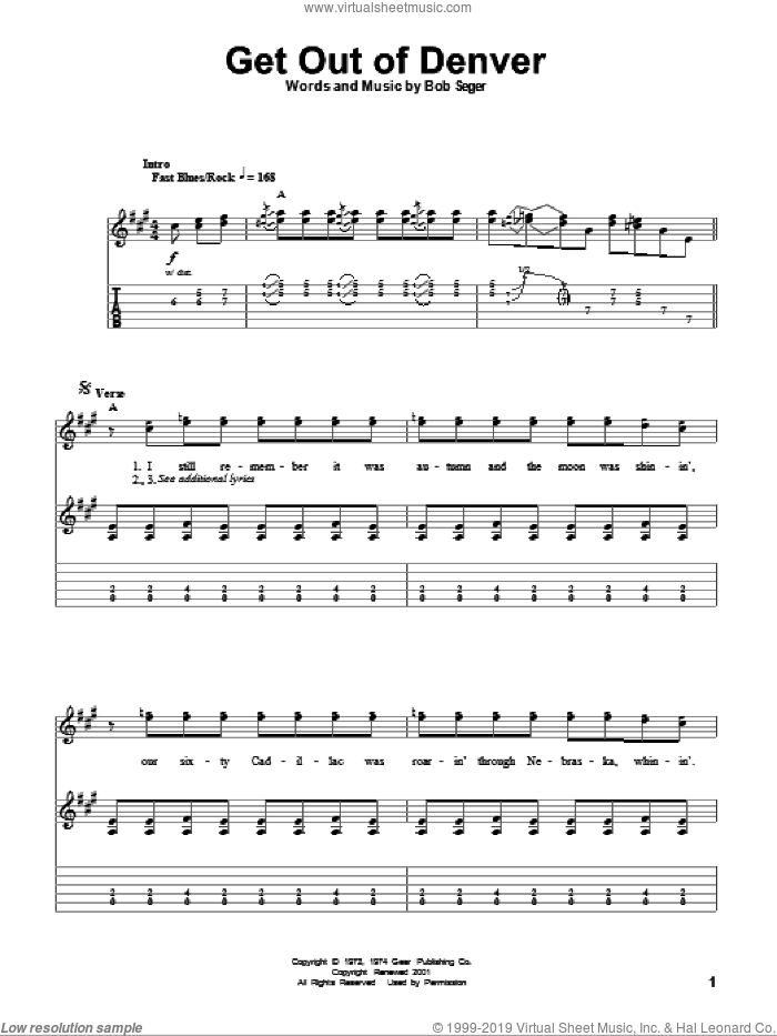 Get Out Of Denver sheet music for guitar (tablature, play-along) by Bob Seger, intermediate skill level