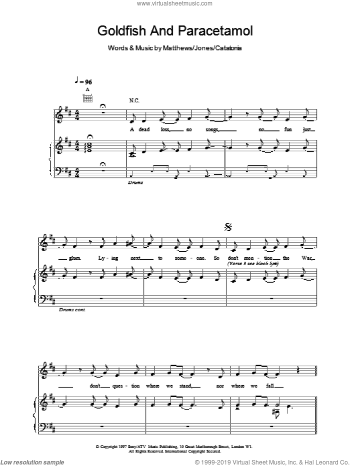 Goldfish And Paracetamol sheet music for voice, piano or guitar by Catatonia, intermediate skill level
