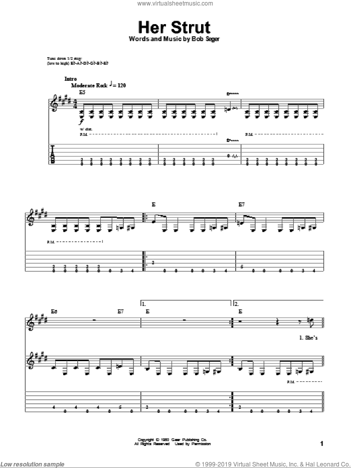 Her Strut sheet music for guitar (tablature, play-along) by Bob Seger, intermediate skill level