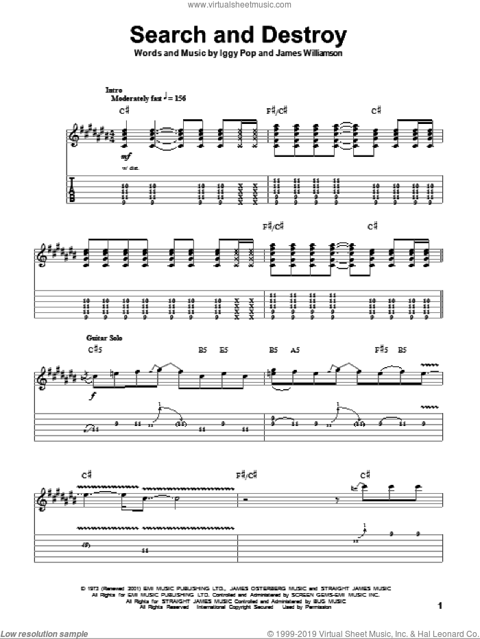 Search And Destroy sheet music for guitar (tablature, play-along) by The Stooges, Red Hot Chili Peppers, Iggy Pop and James Williamson, intermediate skill level
