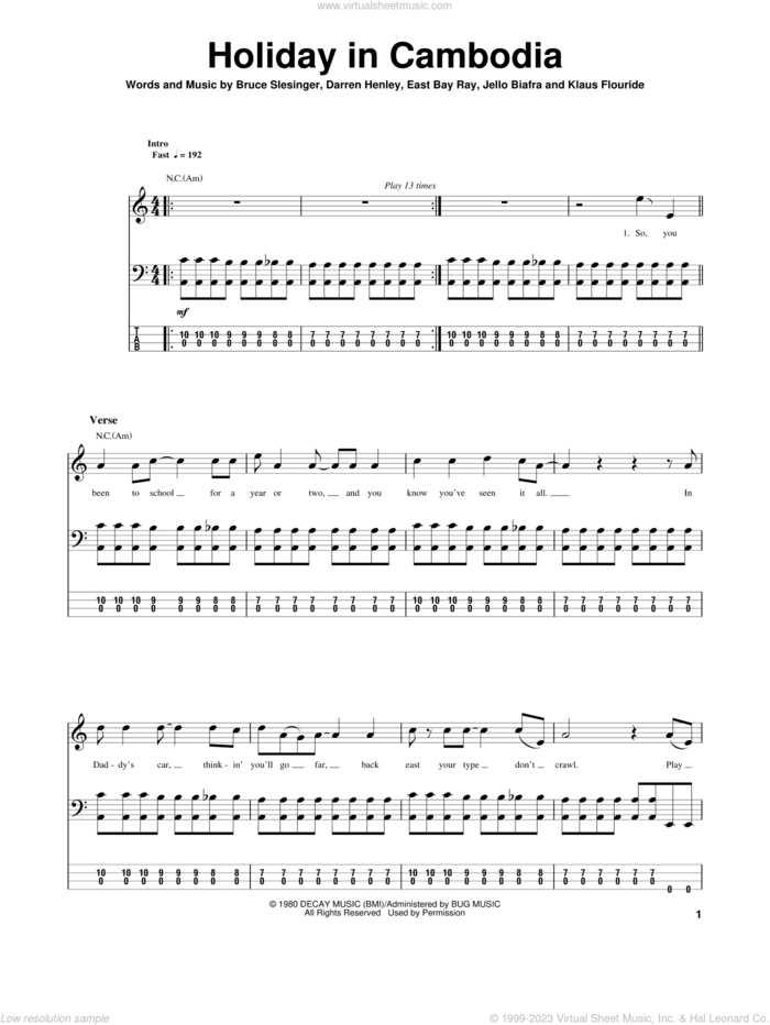 Holiday In Cambodia sheet music for bass (tablature) (bass guitar) by Dead Kennedys, Bruce Slesinger, Darren Henley, East Bay Ray, Jello Biafra and Klaus Flouride, intermediate skill level