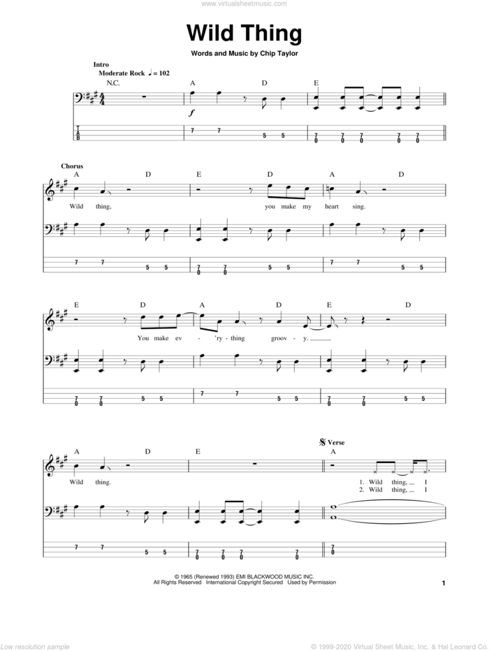Wild Thing sheet music for bass (tablature) (bass guitar) by The Troggs and Chip Taylor, intermediate skill level