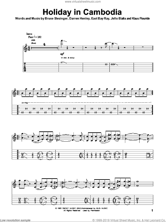 Holiday In Cambodia sheet music for guitar (tablature, play-along) by Dead Kennedys, Bruce Slesinger, Darren Henley, East Bay Ray, Jello Biafra and Klaus Flouride, intermediate skill level