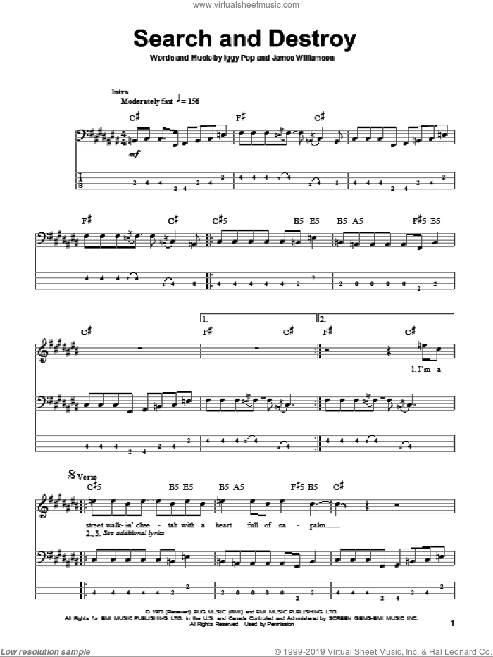 Search And Destroy sheet music for bass (tablature) (bass guitar) by The Stooges, Red Hot Chili Peppers, Iggy Pop and James Williamson, intermediate skill level