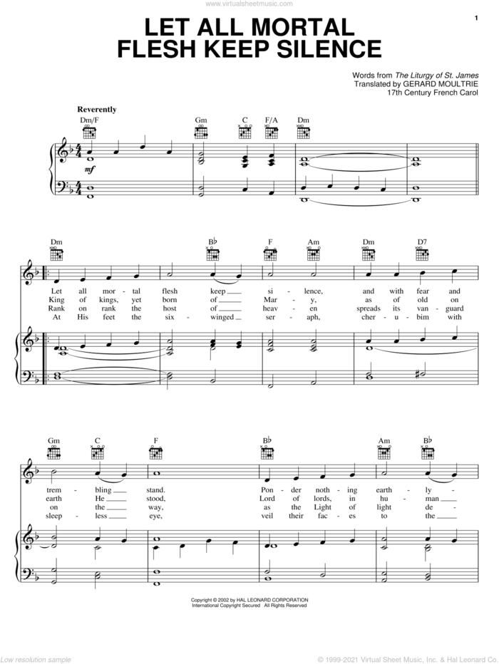 Let All Mortal Flesh Keep Silence sheet music for voice, piano or guitar by Anonymous, Gerard Moultrie, Liturgy Of St. James and Miscellaneous, classical score, intermediate skill level