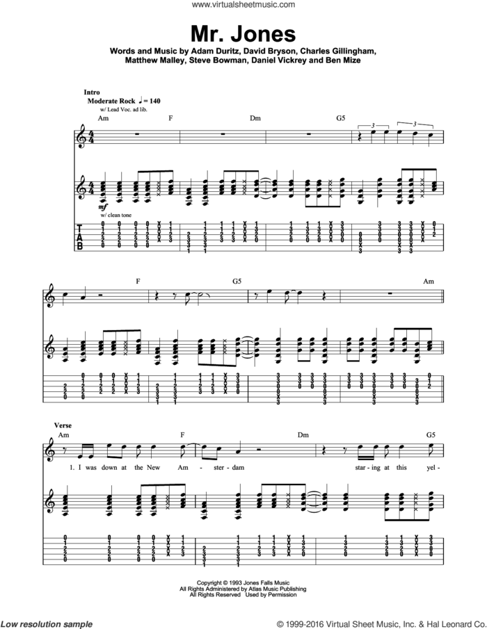 Mr. Jones sheet music for guitar (tablature, play-along) by Counting Crows, Adam Duritz and David Bryson, intermediate skill level