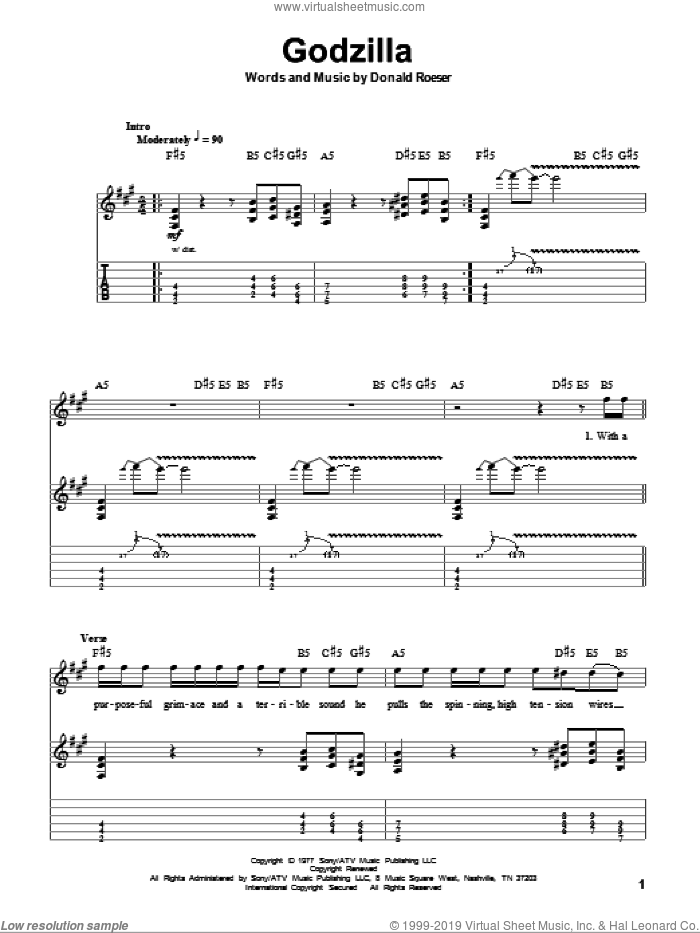 Godzilla sheet music for guitar (tablature, play-along) by Blue Oyster Cult and Donald Roeser, intermediate skill level
