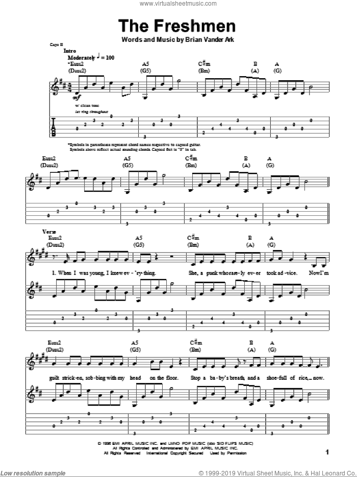 The Freshmen sheet music for guitar (tablature, play-along) by The Verve Pipe and Brian Vander Ark, intermediate skill level