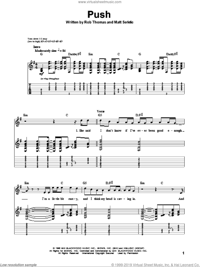 Push sheet music for guitar (tablature, play-along) by Matchbox Twenty, Matchbox 20, Matt Serletic and Rob Thomas, intermediate skill level