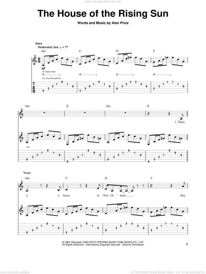 The House Of The Rising Sun sheet music for guitar (tablature, play-along) by The Animals and Alan Price, intermediate skill level