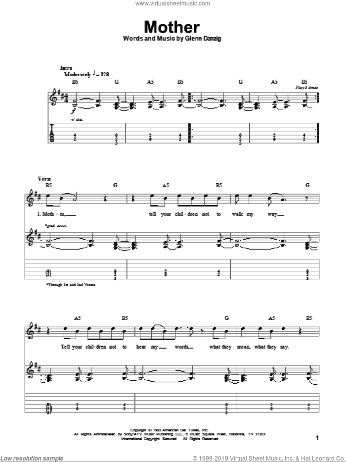 Mother sheet music for guitar (tablature, play-along) by Danzig and Glenn Danzig, intermediate skill level