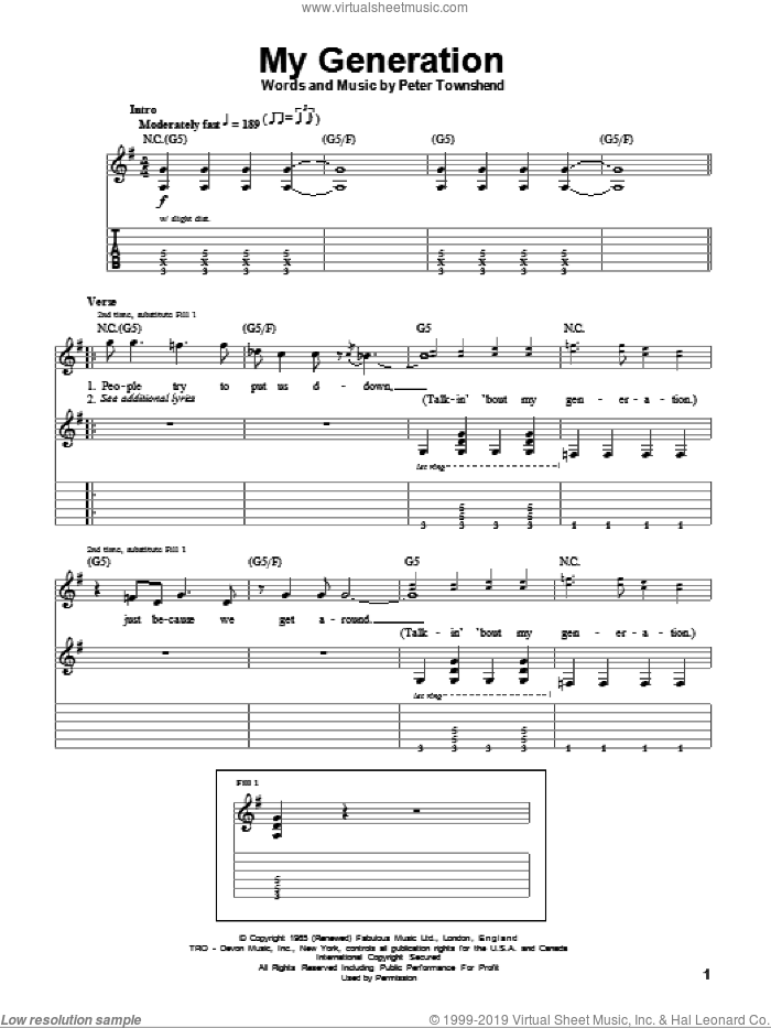 My Generation sheet music for guitar (tablature, play-along) by The Who and Pete Townshend, intermediate skill level