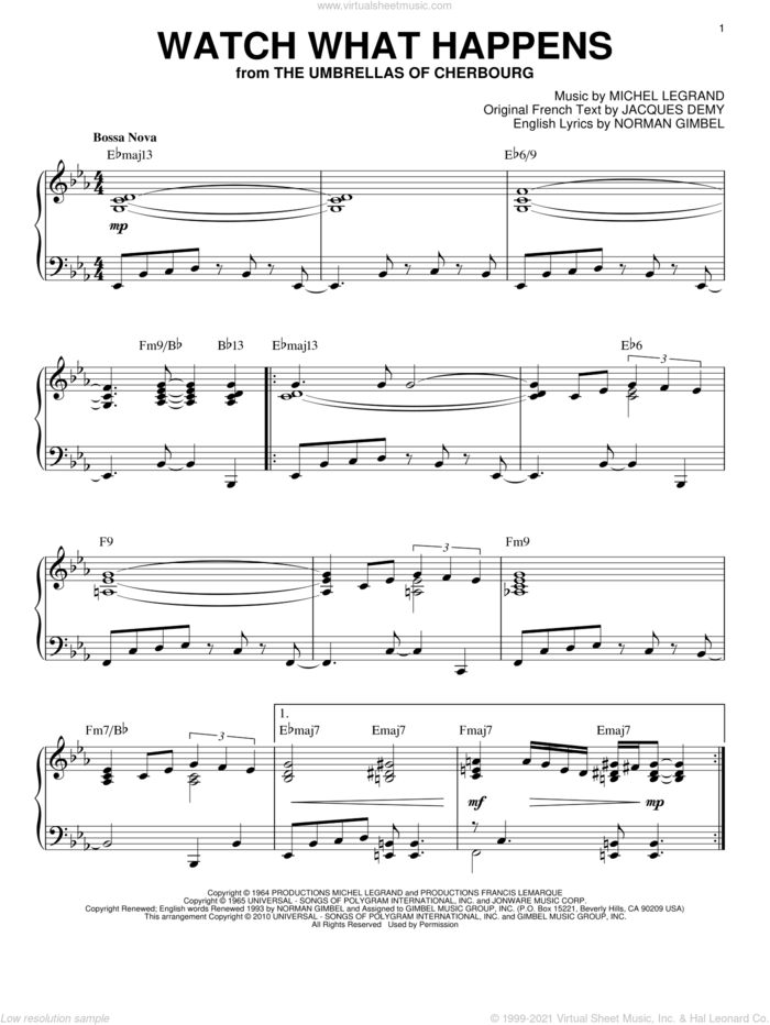 Watch What Happens [Jazz version] (arr. Brent Edstrom) sheet music for piano solo by Norman Gimbel and Michel LeGrand, intermediate skill level