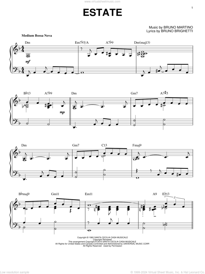 Estate [Jazz version] (arr. Brent Edstrom) sheet music for piano solo by Bruno Martino and Bruno Brighetti, intermediate skill level