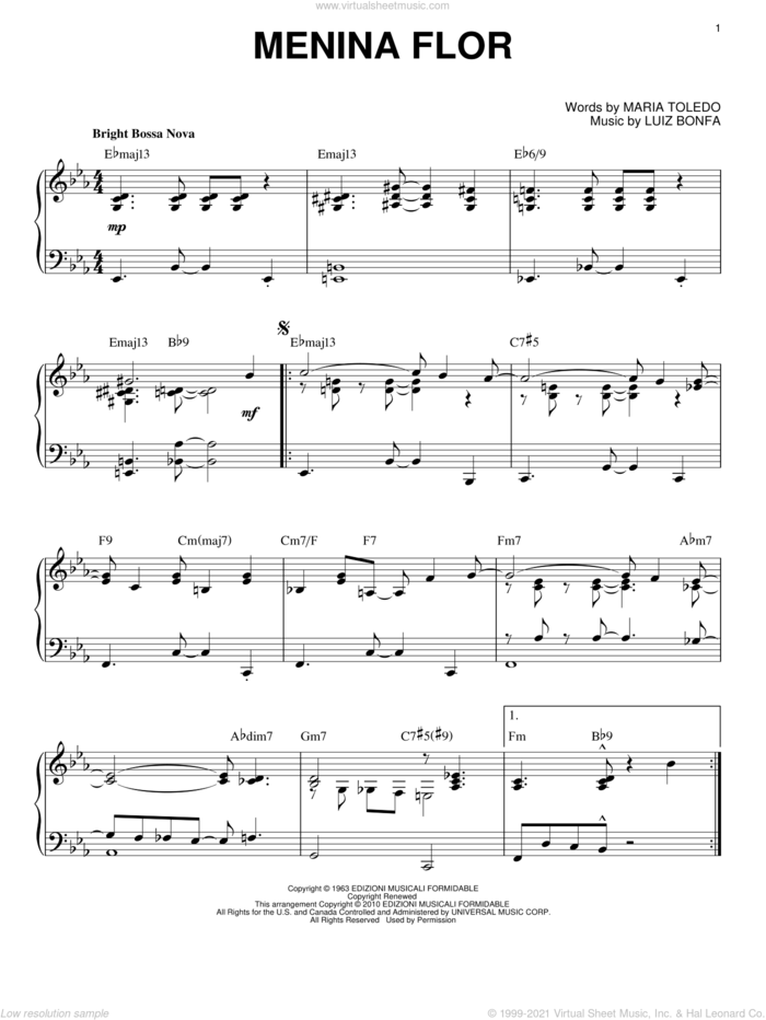 Menina Flor [Jazz version] (arr. Brent Edstrom) sheet music for piano solo by Luiz Bonfa and Maria Toledo, intermediate skill level