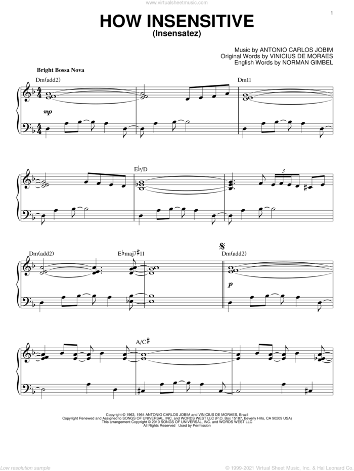 How Insensitive (Insensatez) [Jazz version] (arr. Brent Edstrom) sheet music for piano solo by Antonio Carlos Jobim, Norman Gimbel and Vinicius de Moraes, intermediate skill level