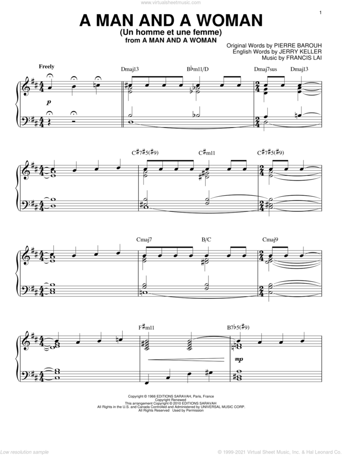 A Man And A Woman (Un Homme Et Une Femme) [Jazz version] (arr. Brent Edstrom) sheet music for piano solo by Francis Lai, Jerry Keller and Pierre Barouh, intermediate skill level