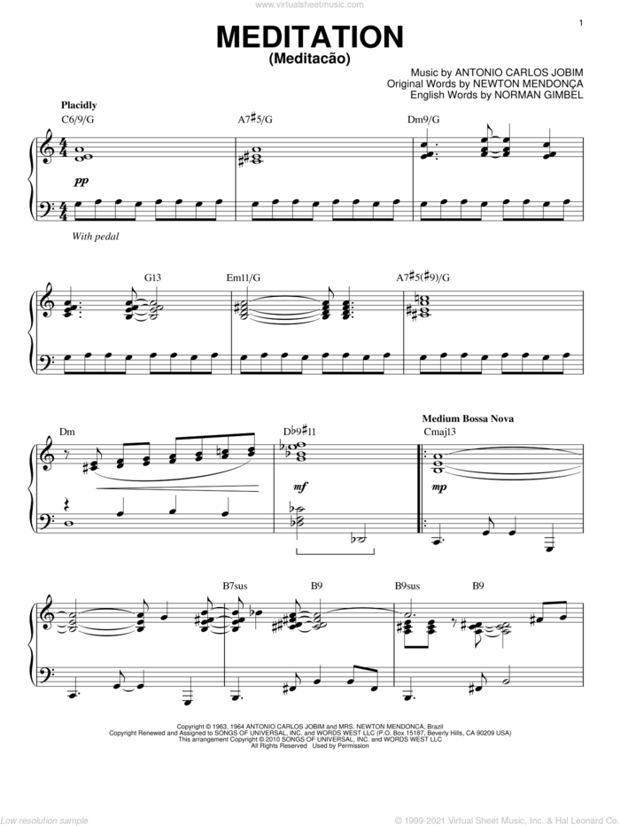 Meditation (Meditacao) [Jazz version] (arr. Brent Edstrom) sheet music for piano solo by Antonio Carlos Jobim, Newton Mendonca, Newton Mendonia and Norman Gimbel, intermediate skill level