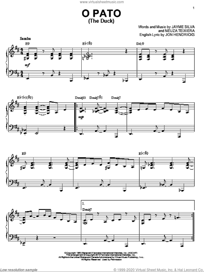 O Pato (The Duck) [Jazz version] (arr. Brent Edstrom) sheet music for piano solo by Karrin Allyson, Jayme Silva, Jon Hendricks and Neuza Teixiera, intermediate skill level